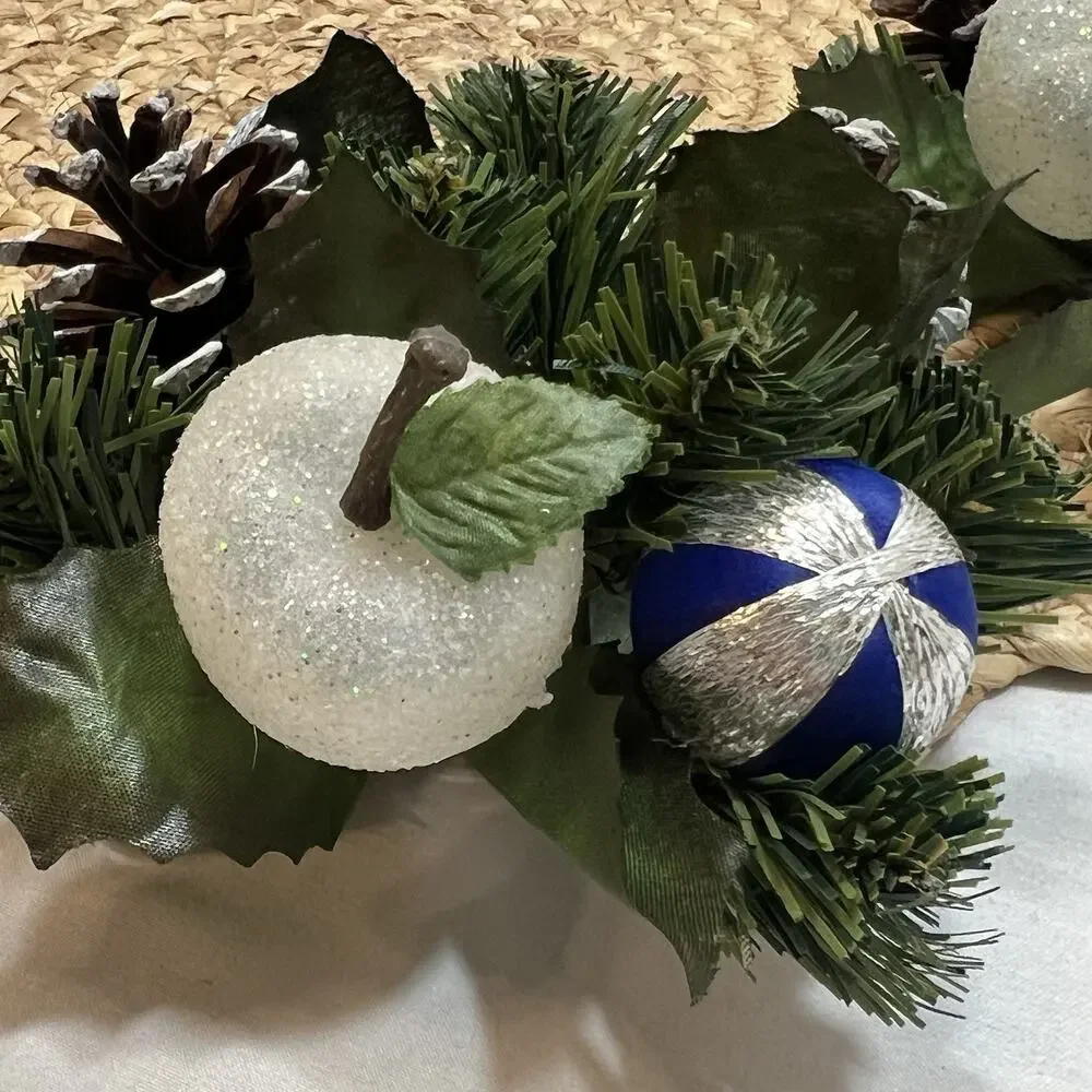 Vintage Set of 2 Blue & Silver Apple Pinecones Satin Ball Taper Candle Rings